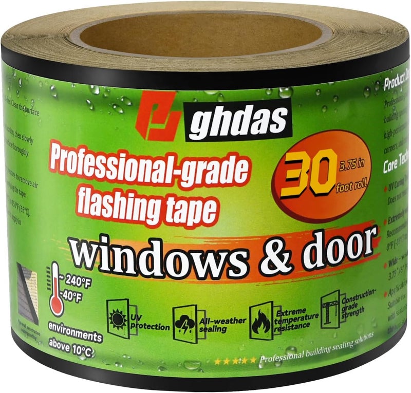 Bghdas Flashing Tape, 3.75" x 30', Industrial Strength for Windows, Doors, Weather-Resistant, UV-Resistant, Tear-Resistant, Advanced Acrylic Adhesive, Black - Image 1